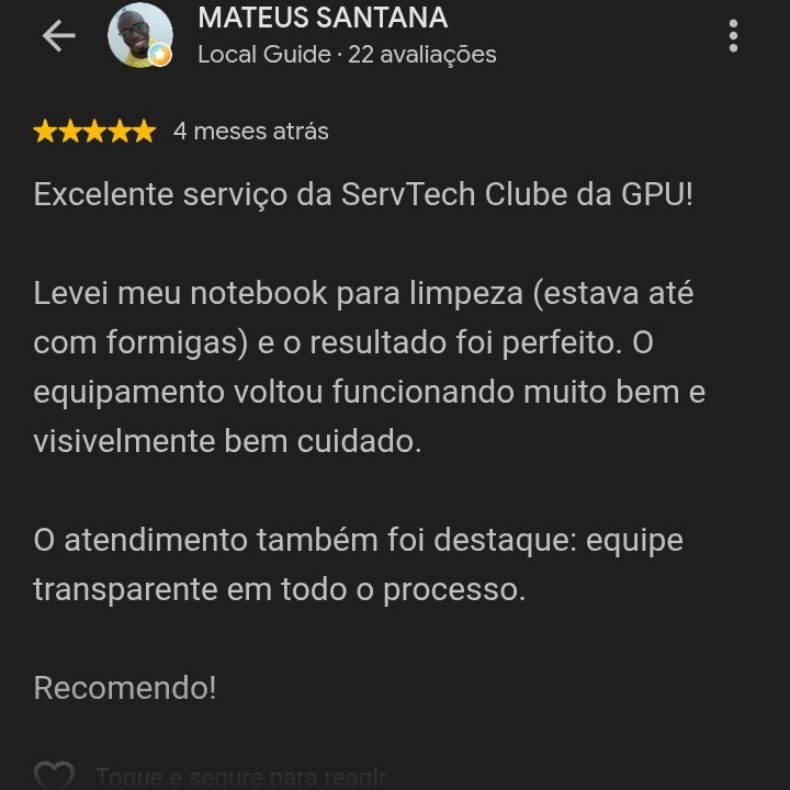 Avaliação de Mateus Santana no Google sobre limpeza de notebook