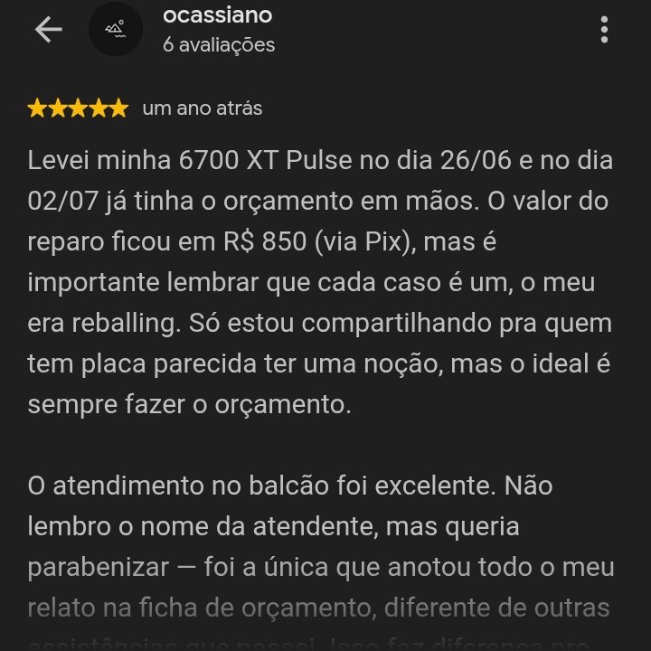 Avaliação de ocassiano no Google sobre reparo de placa de vídeo 6700 XT Pulse
