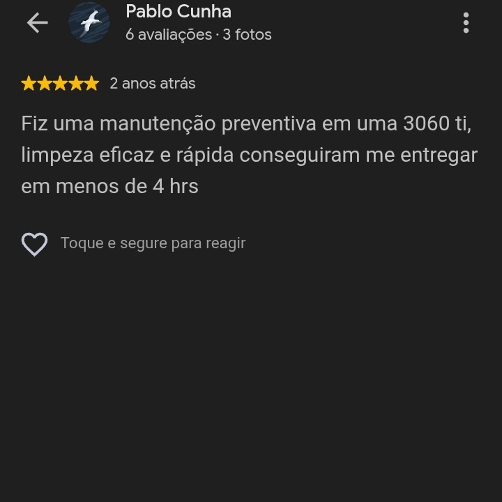 Avaliação de Pablo Cunha no Google sobre manutenção preventiva em RTX 3060 Ti