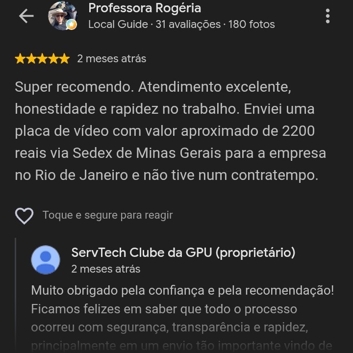 Avaliação da Professora Rogéria no Google sobre envio de placa de vídeo de Minas Gerais