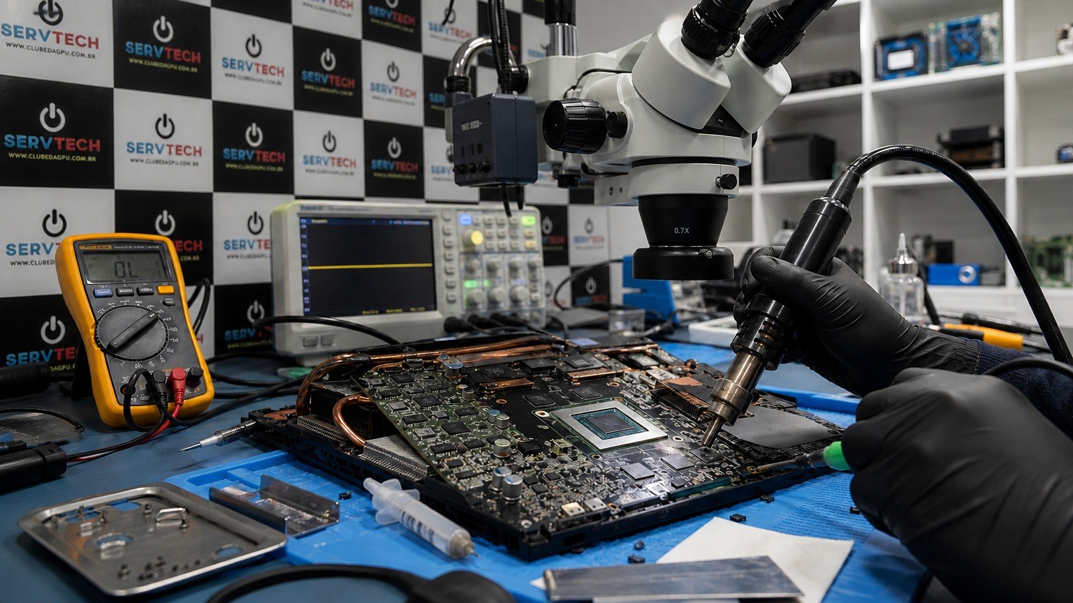 Reparo de notebook gamer sob microscópio